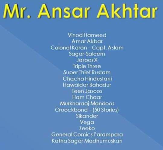 Ansar Akhtar - List Of Created Characters