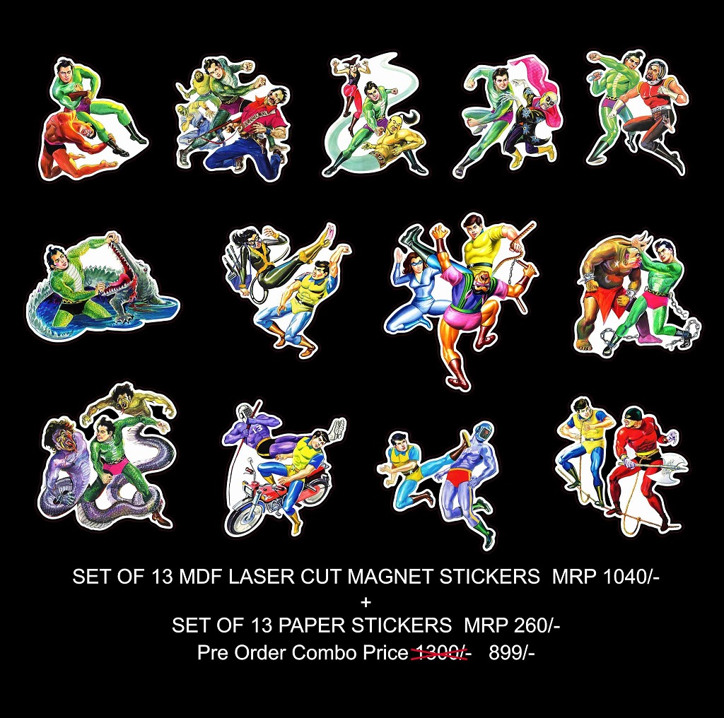 Combo Pack - 13 Premium Laser Cut MDF Magnet Stickers + 13 Paper Stickers - Raj Comics By Manish Gupta