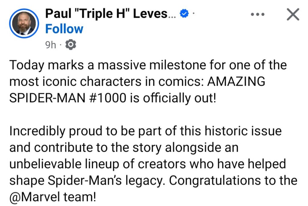 Triple H Announcement on being a Spider-Man writer and Congratulations note to Marvel